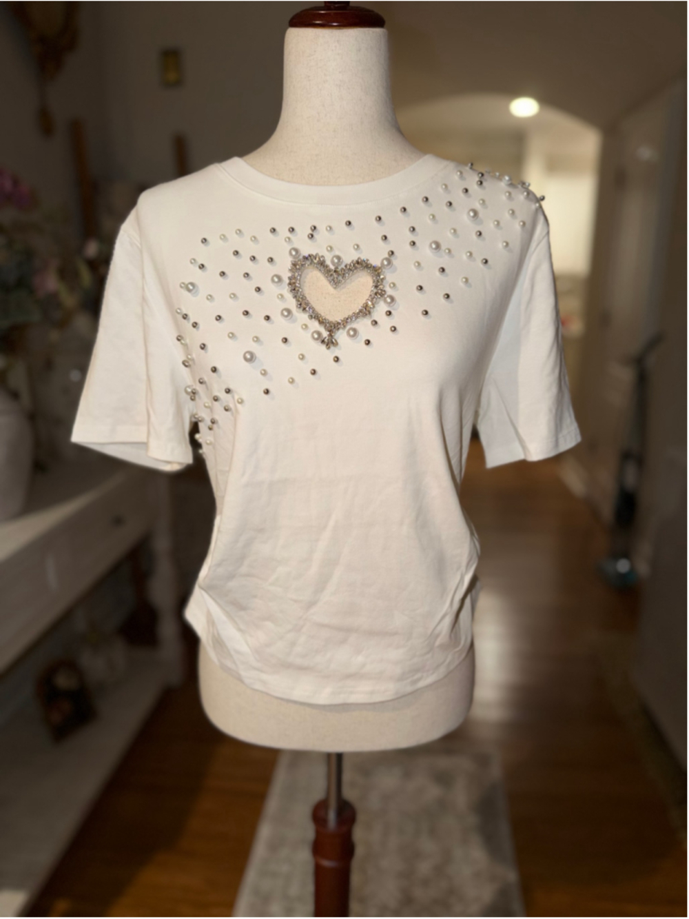 White Short Sleeve Tee with Pearl and Heart Detail, Size M NWOT